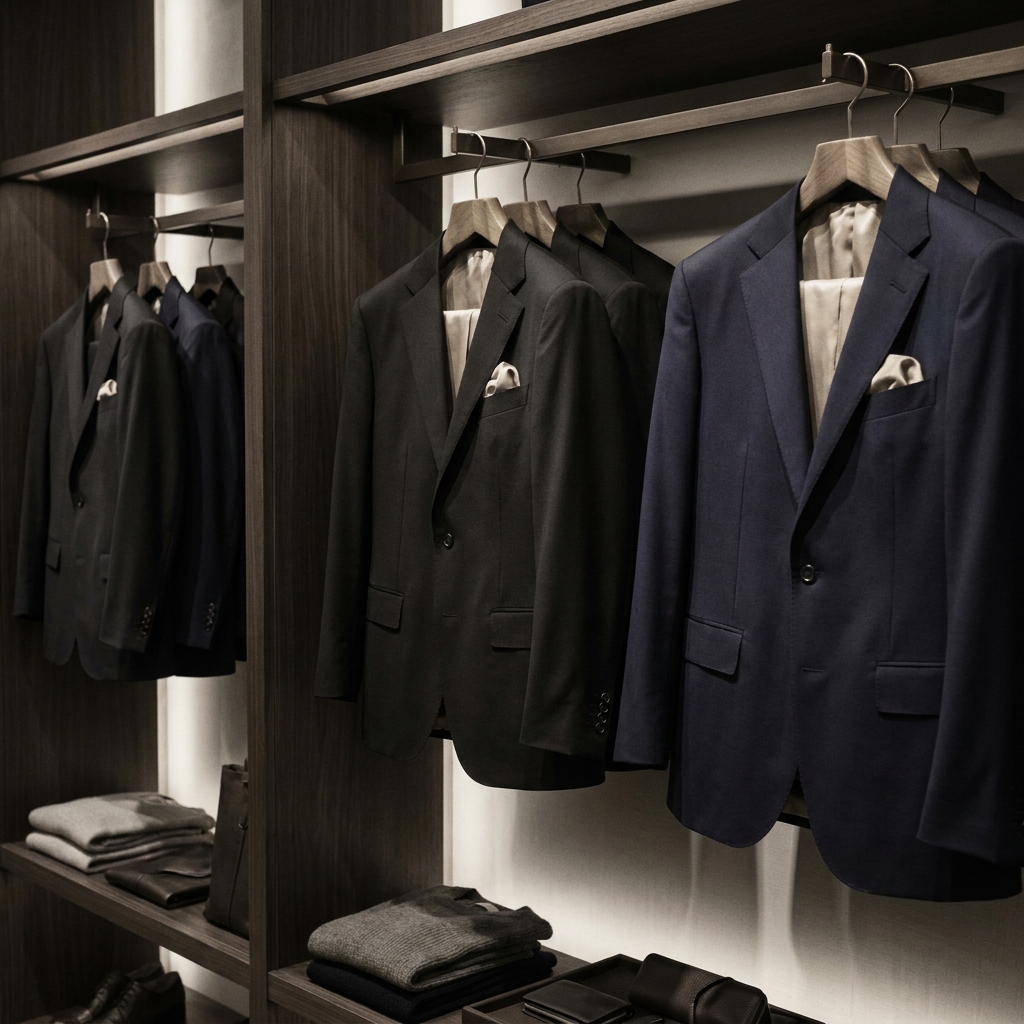 Men's blazers in charcoal, black, and navy hanging in a wardrobe